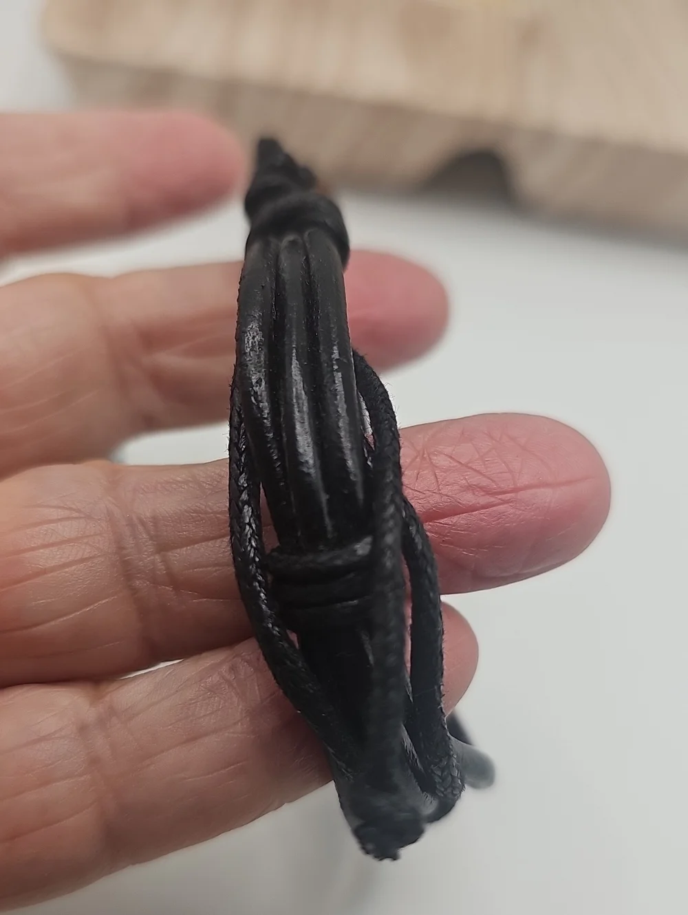 Unbranded Men's Black Leather Cord Bracelet and Brown Beaded Wrap Bracelet Set.
